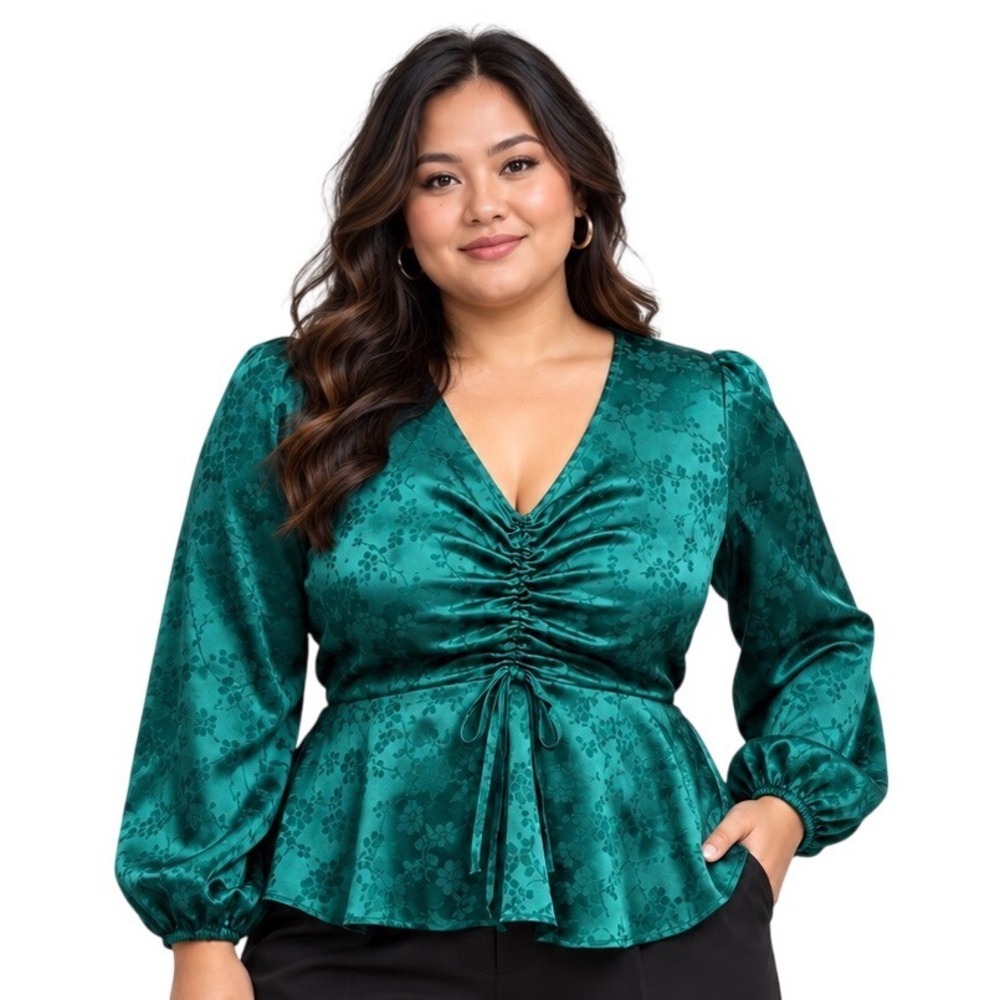 Emerald Green Floral Satin Jacquard Peplum Blouse Ruched V-Neck Size L